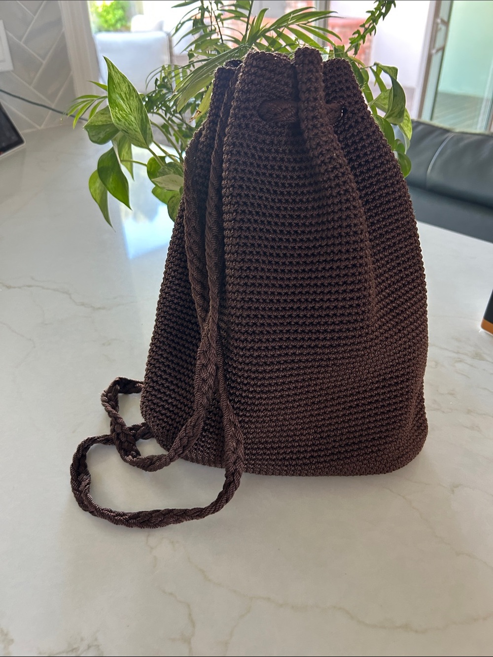 The Sak Vintage Crochet Drawstring Backpack - Chocolate Brown